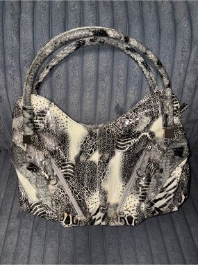 Black & White Animal-Print Shoulder Bag with Double Handles